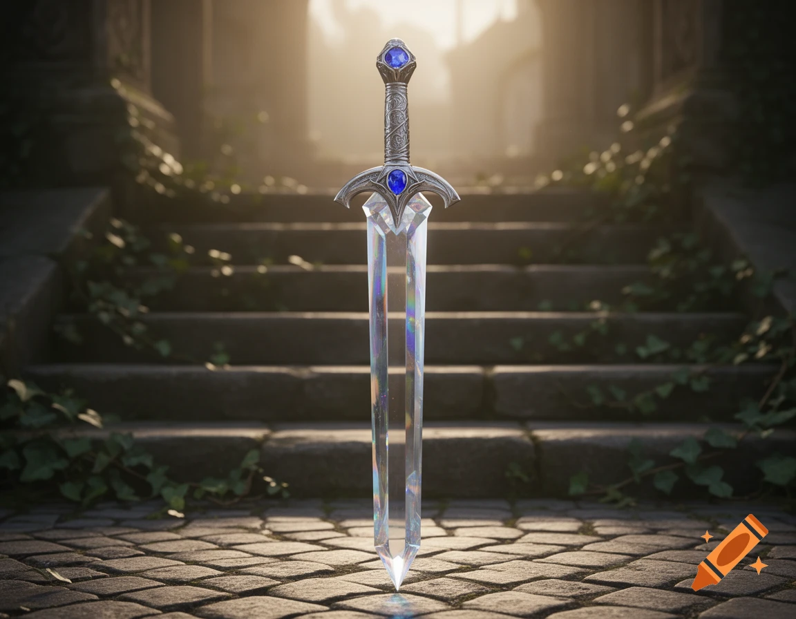 A beautiful crystal sword with a silver hilt and blue gems stands on mossy stone steps, bathed in golden light.