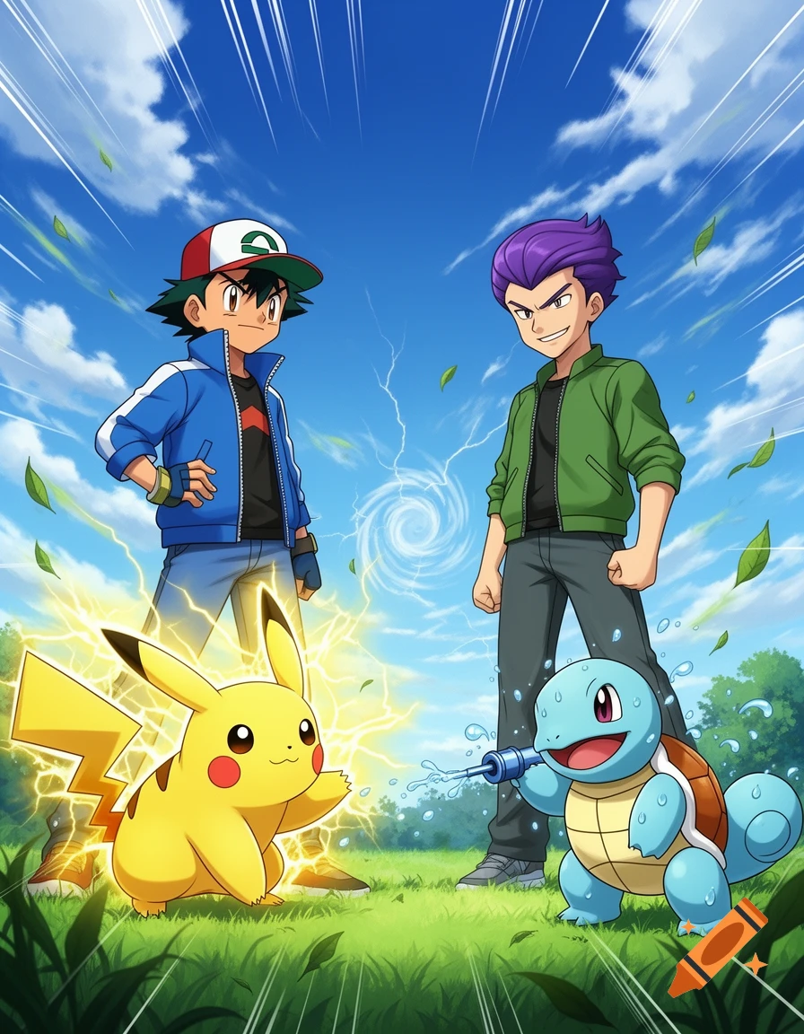 Ash Ketchum and his Pikachu face off against Gary Oak and his Squirtle in a vibrant anime battle scene outdoors.
