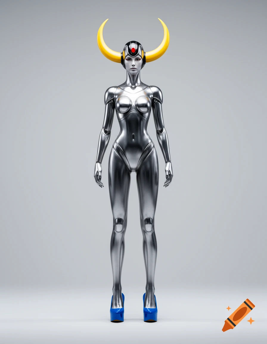 Full body view of a metallic, humanoid android with yellow crescent horns, a red head accent, and blue platform heels, on a light gray background.