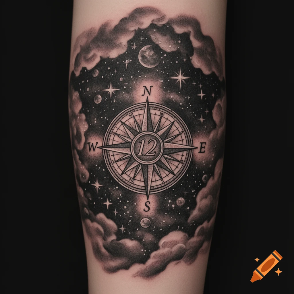 Black and grey tattoo on an arm showing a detailed compass with the number 12, surrounded by a starry sky with planets and clouds.
