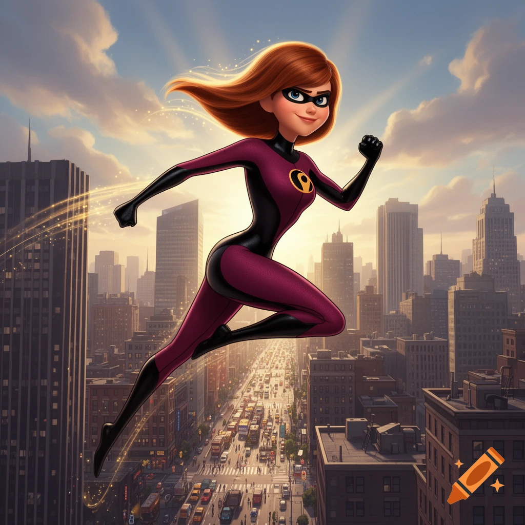 Animated Elastigirl in her maroon and black suit flies dynamically over a bustling cityscape with golden light trails.