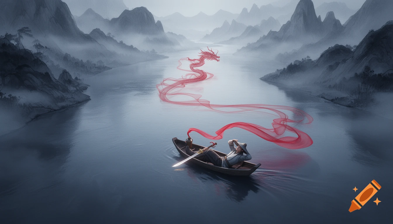A person in a boat on a misty river, with a red ribbon forming a dragon, surrounded by mountains in a Chinese ink wash style.