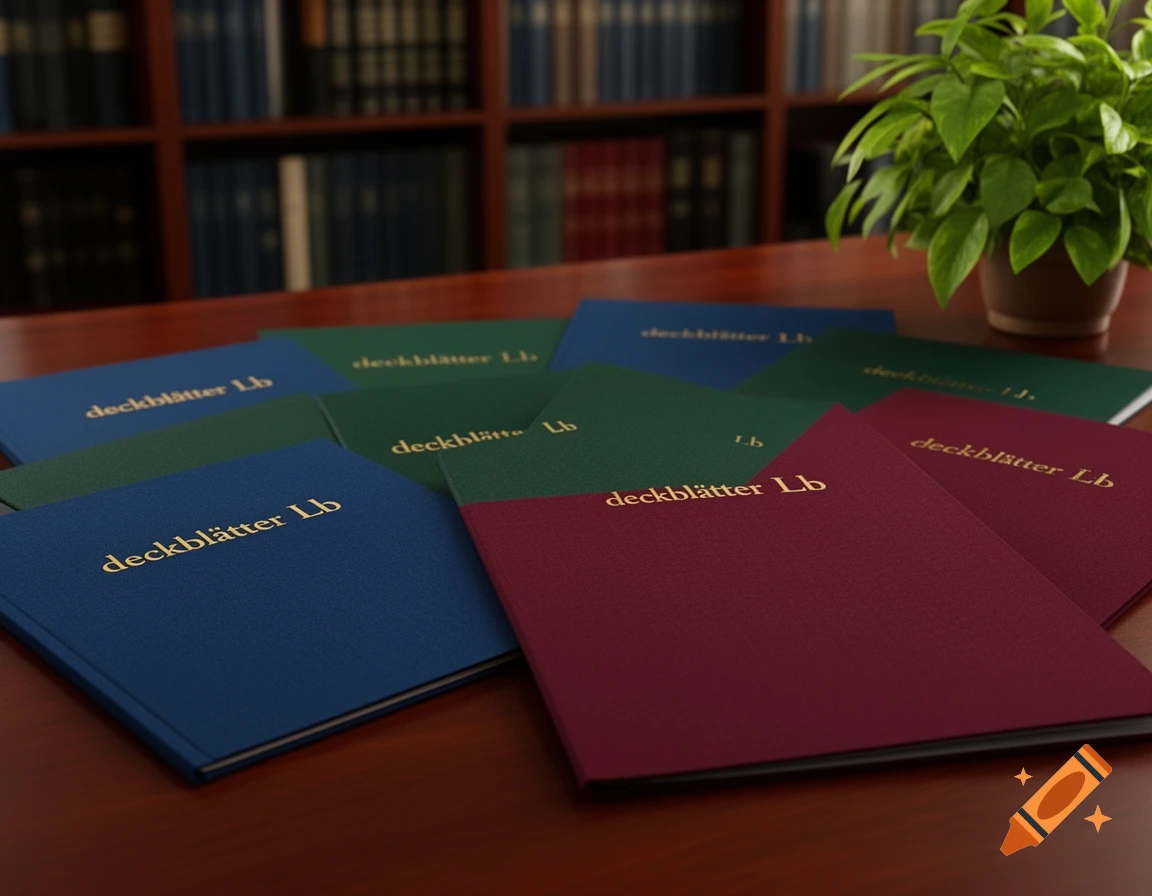 Blue, green, and red folders with gold text 'deckblätter Lb' on a wooden table, with a plant and bookshelf in the background.