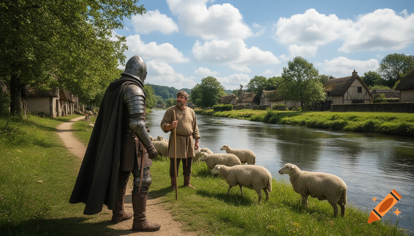 A medieval knight in armor and cape stands on a dirt path, facing a shepherd with sheep by a river in a village. The sky is cloudy blue.