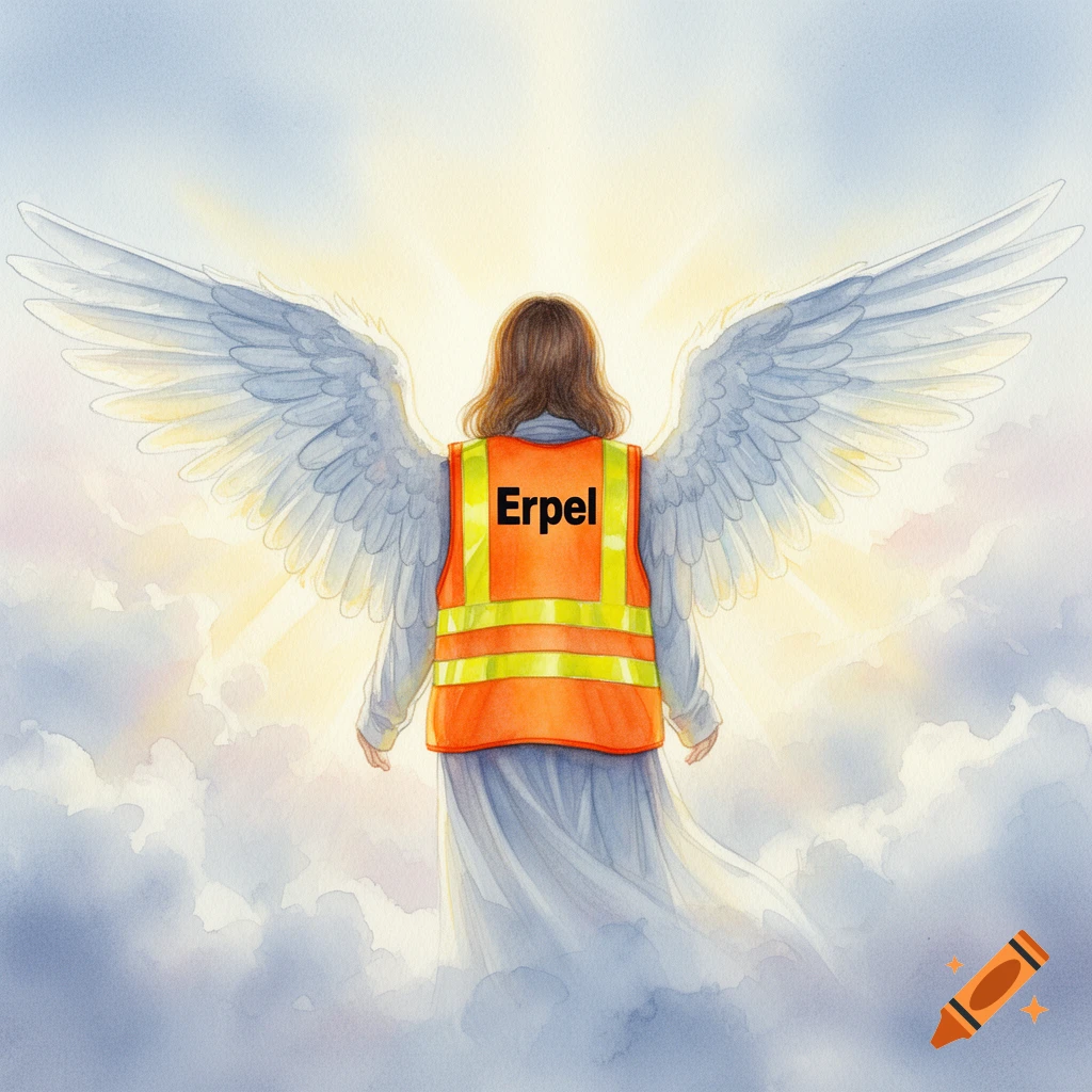 Watercolor of an angel from behind, wearing an orange high-visibility vest with 'Erpel' on the back, standing in clouds with bright light.