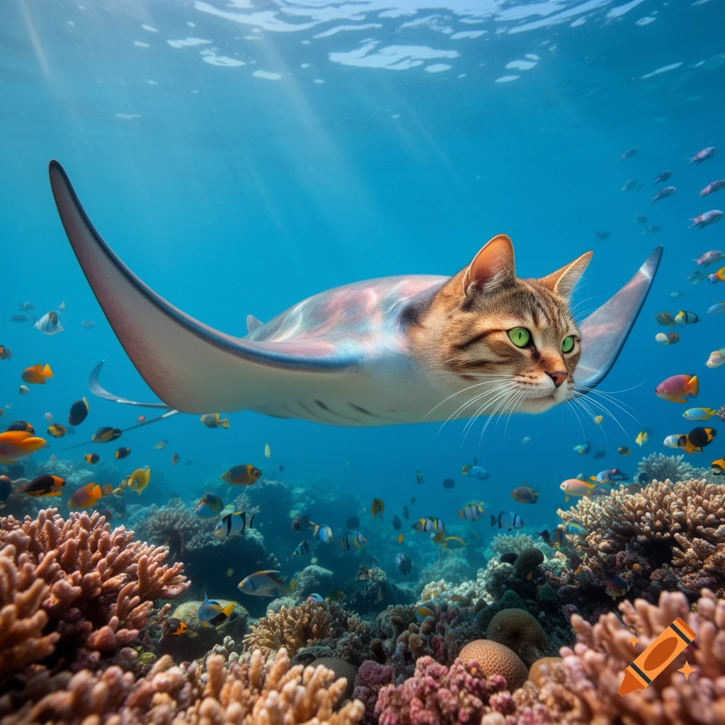 A photorealistic cat-manta ray hybrid swimming gracefully underwater among colorful coral and schooling fish.