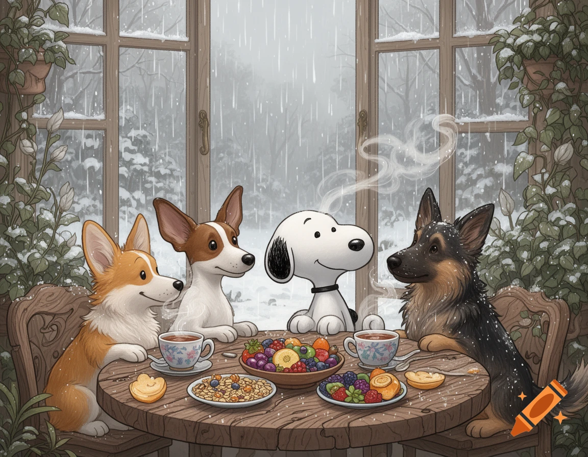 Snoopy, a Corgi, a Jack Russell Terrier, and a German Shepherd mix have breakfast at a table in a snowy winter garden, cartoon style.