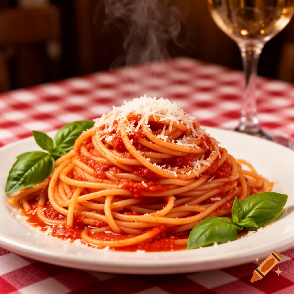 A steaming plate of spaghetti with red sauce, grated parmesan cheese, and basil leaves on a red and white checkered tablecloth with a glass of white wine in the background.