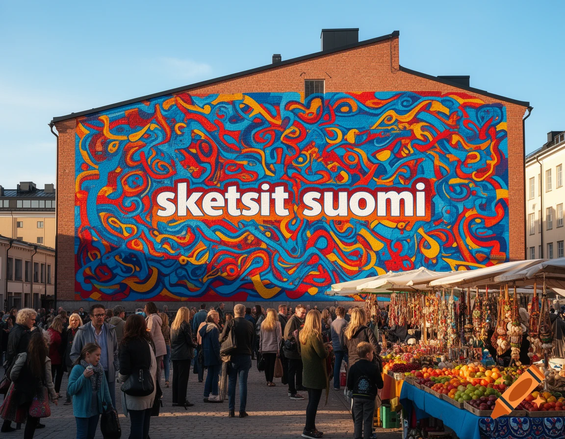 A vibrant mural on a brick building with abstract red, blue, and yellow patterns and 'sketsit suomi' text, overlooking a bustling outdoor market.