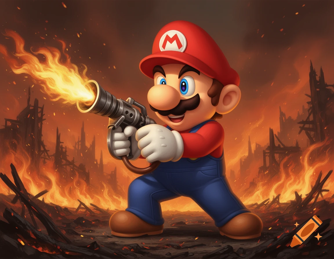 Mario, holding a flamethrower, stands in a fiery, destroyed landscape with flames shooting from the weapon.