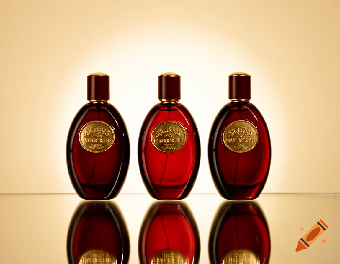 Three dark red, oval perfume bottles with gold labels stand on a reflective surface against a cream background.