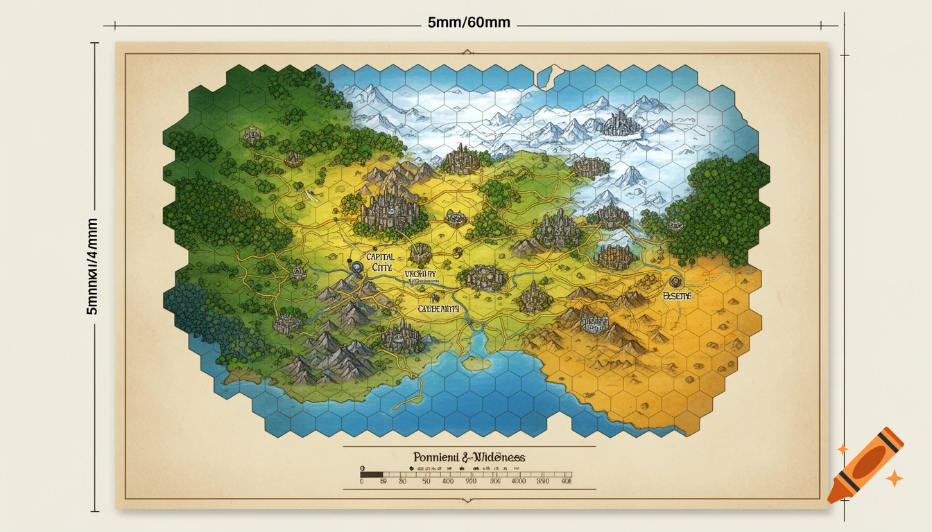 A colorful Dungeons and Dragons style fantasy map on a hexagonal grid, showing cities, forests, mountains, deserts, and water, with a scale legend.