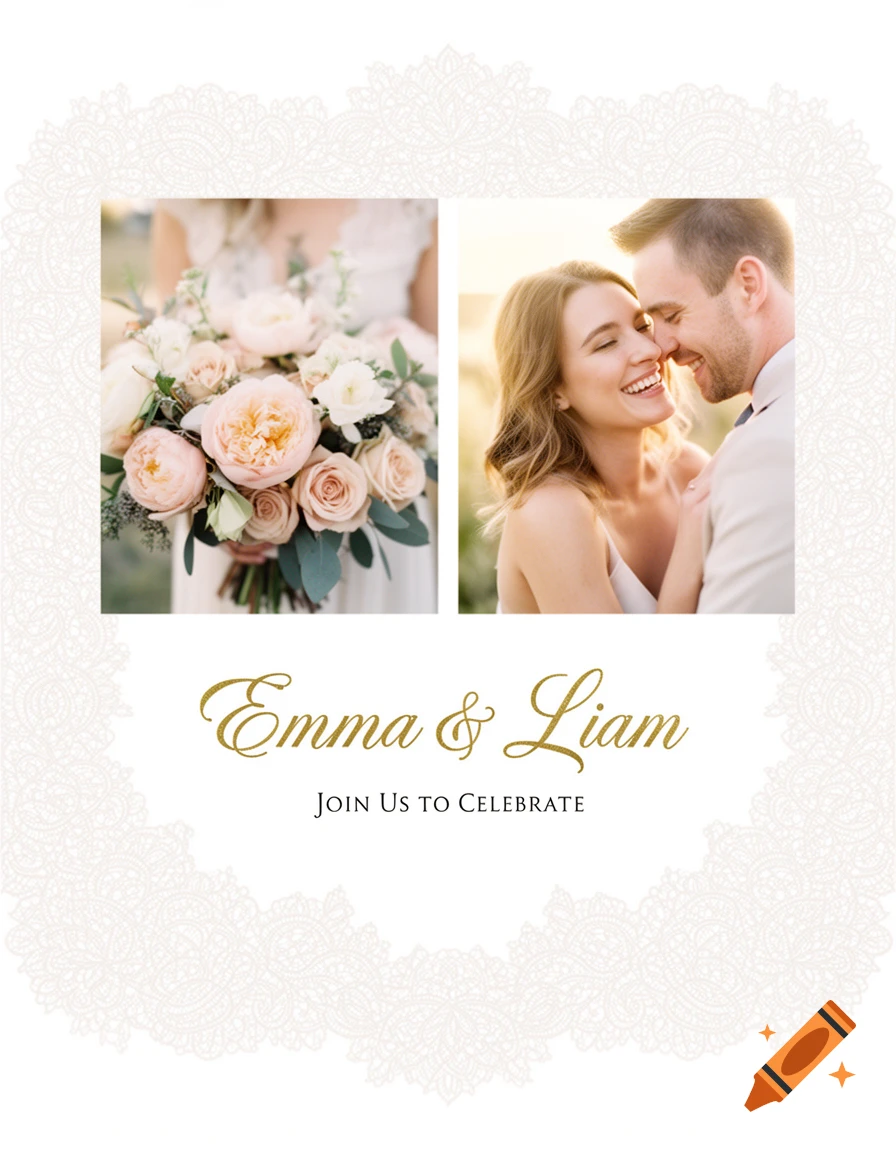 A wedding invitation with photos of a smiling couple and a floral bouquet, featuring the names Emma & Liam and text 'Join Us to Celebrate' on a white lace background.