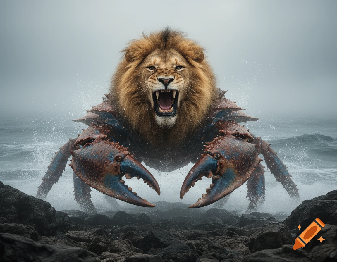 A photorealistic hybrid creature, half roaring lion and half giant blue and red crab, emerging from the ocean onto rocky terrain.