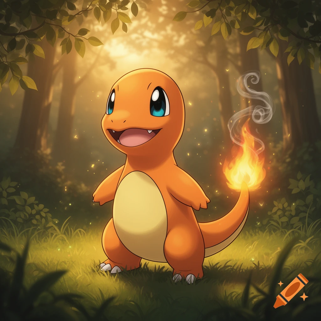 A smiling orange Charmander with blue eyes and a fiery tail stands in a sunlit, enchanted forest.