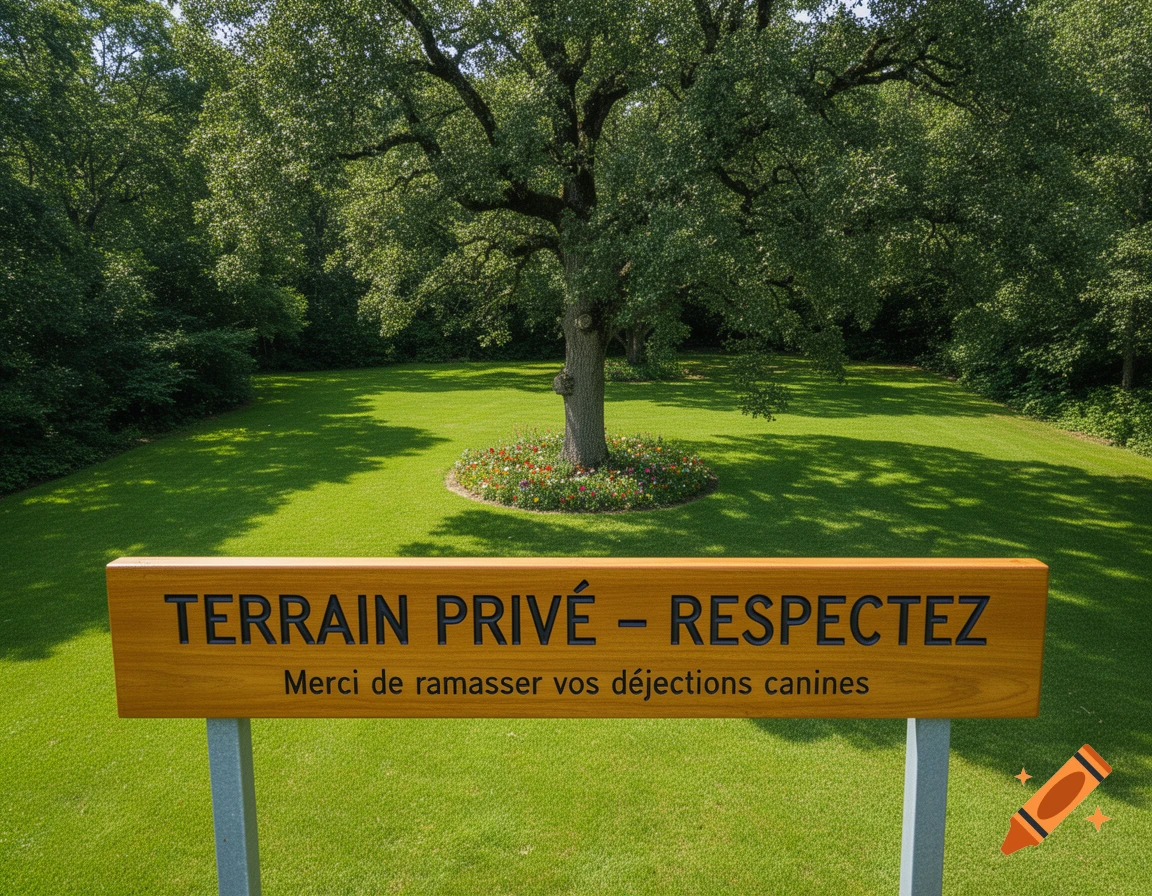 Photorealistic image of a wooden sign in a lush green park. The sign reads "TERRAIN PRIVÉ - RESPECTEZ. Merci de ramasser vos déjections canines".