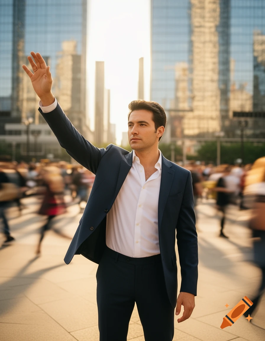 A man in a navy suit and white shirt raises his right arm to wave in a sunny city square with blurred buildings and people.