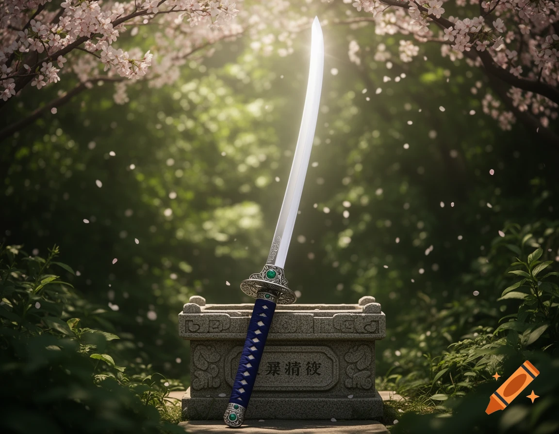 A gleaming katana with a blue-wrapped hilt and green jewels stands upright on a carved stone pedestal, surrounded by cherry blossoms and lush greenery with falling petals.