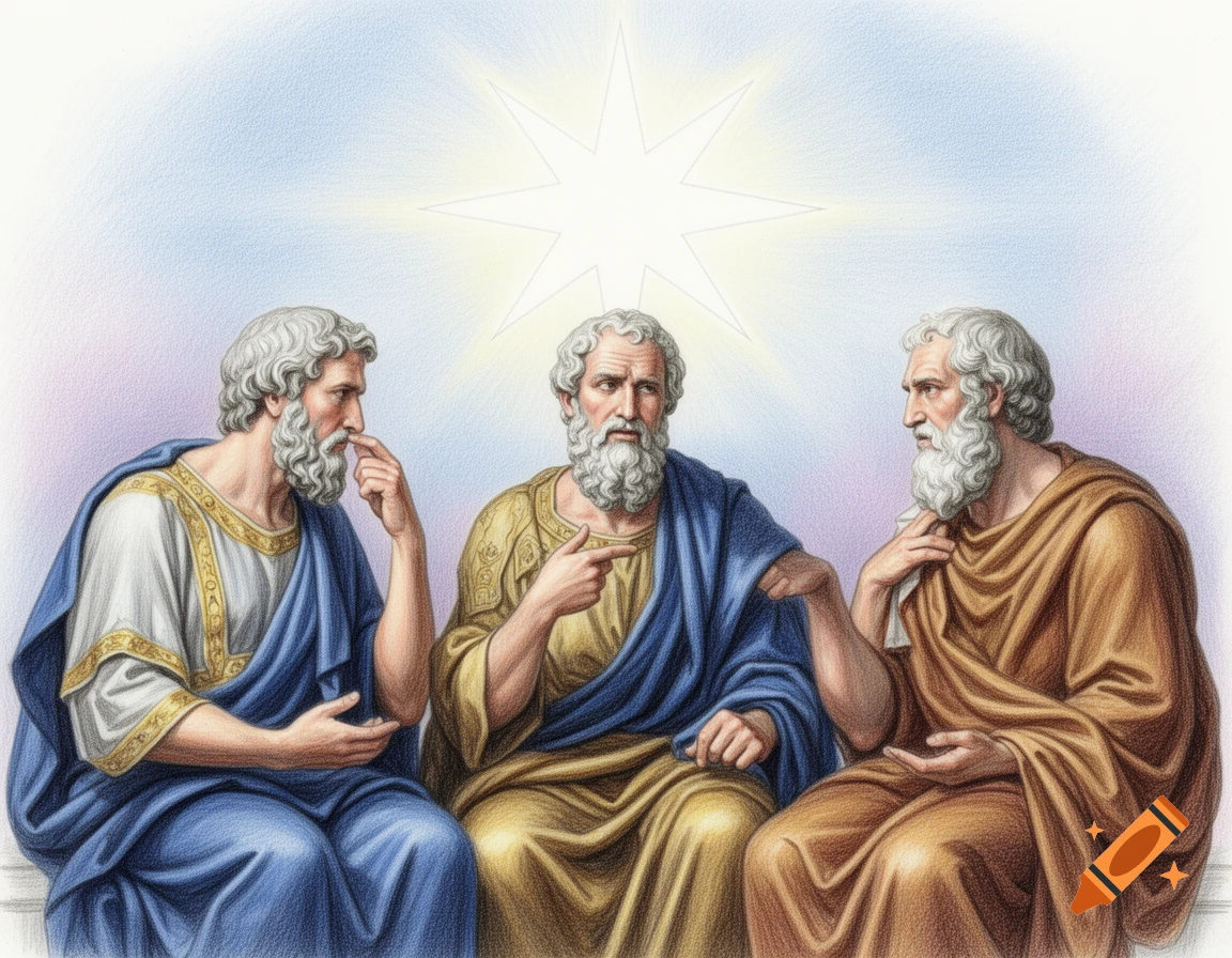A colored pencil drawing depicts three ancient Greek philosophers, with one pointing, under a star.
