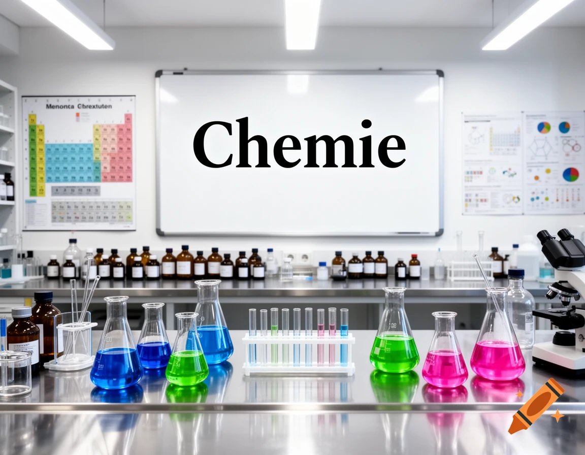 A clean chemistry laboratory with beakers and flasks containing blue, green, and pink liquids. A whiteboard reads "Chemie".