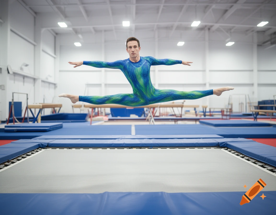 Male gymnast in a blue and green bodysuit performing a split jump above a trampoline in a gymnasium, photorealistic.