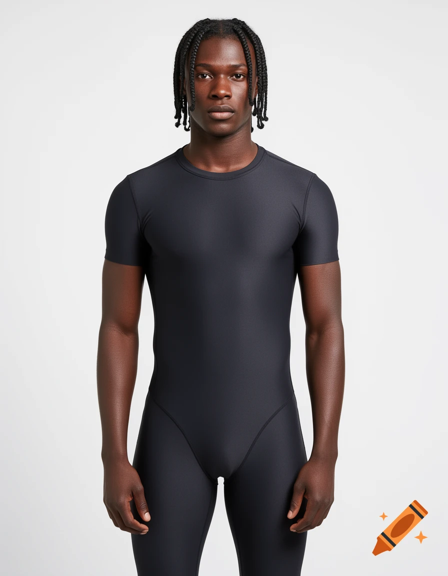 A Black male model with braided hair wearing a form-fitting black athletic bodysuit stands against a white background.