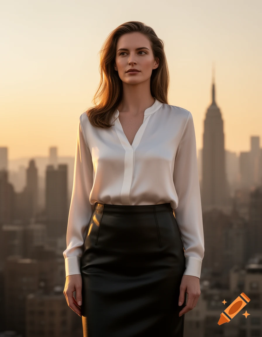 A woman in a white blouse and black skirt stands on a rooftop overlooking a city skyline at sunset.