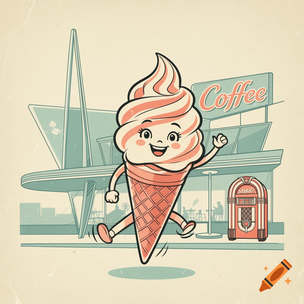 A smiling, cartoon vintage ice cream cone character runs in front of a 1950s Googie-style coffee shop with a jukebox, in a retro illustration style.