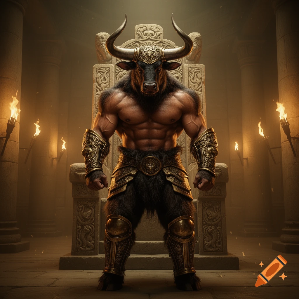 A muscular minotaur king in ornate bronze armor stands before a stone throne in a torchlit hall.