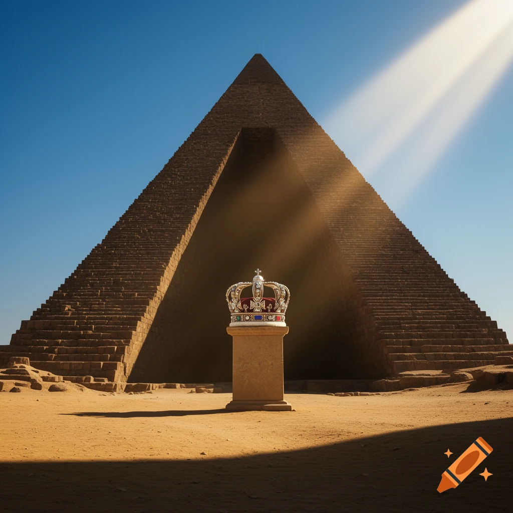 A jeweled crown sits on a pedestal in a vast desert, with a large pyramid in the background under a bright sky with sun rays.