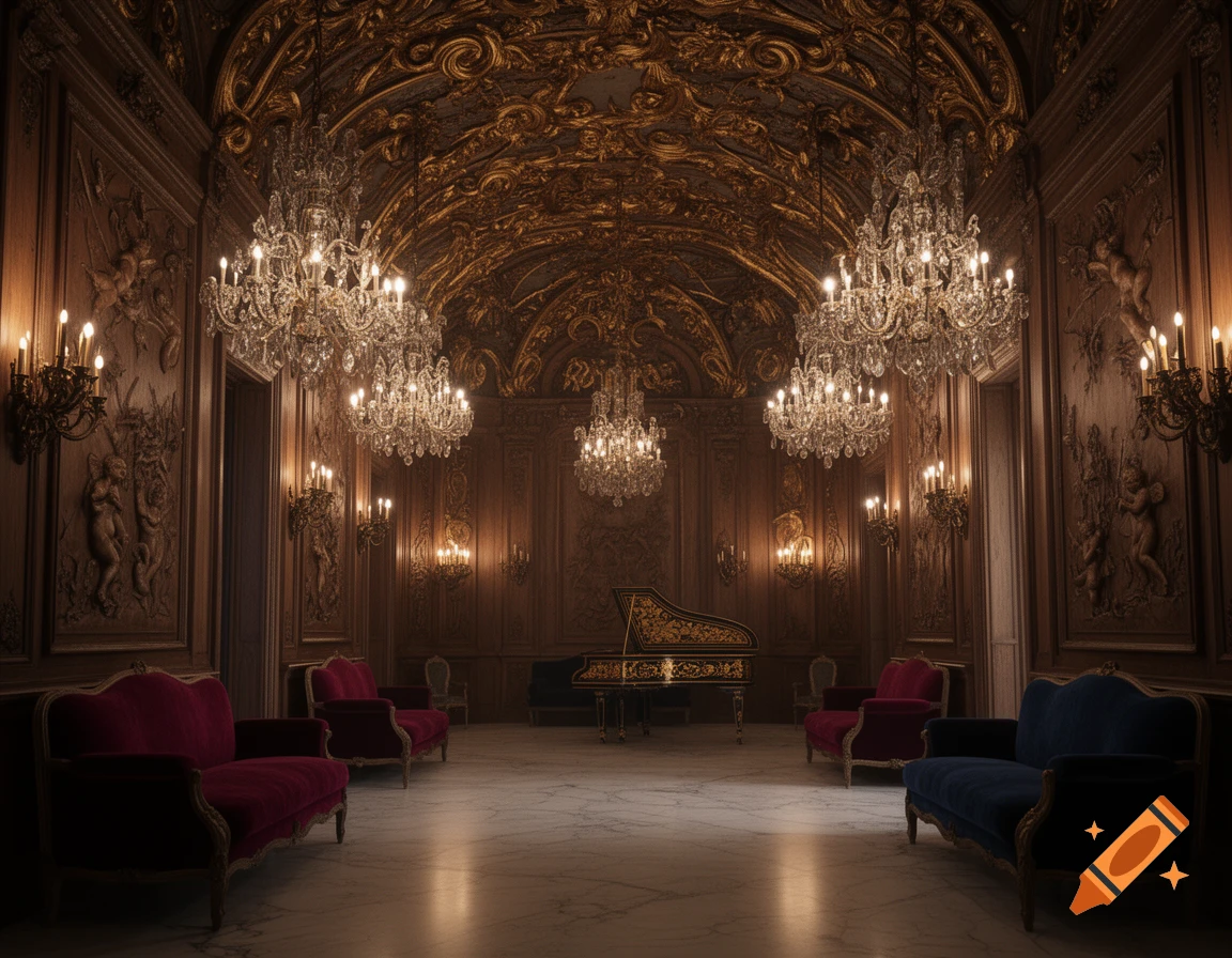 Grand baroque hall with ornate gold and wood paneling, crystal chandeliers, red and blue velvet sofas, and a piano.