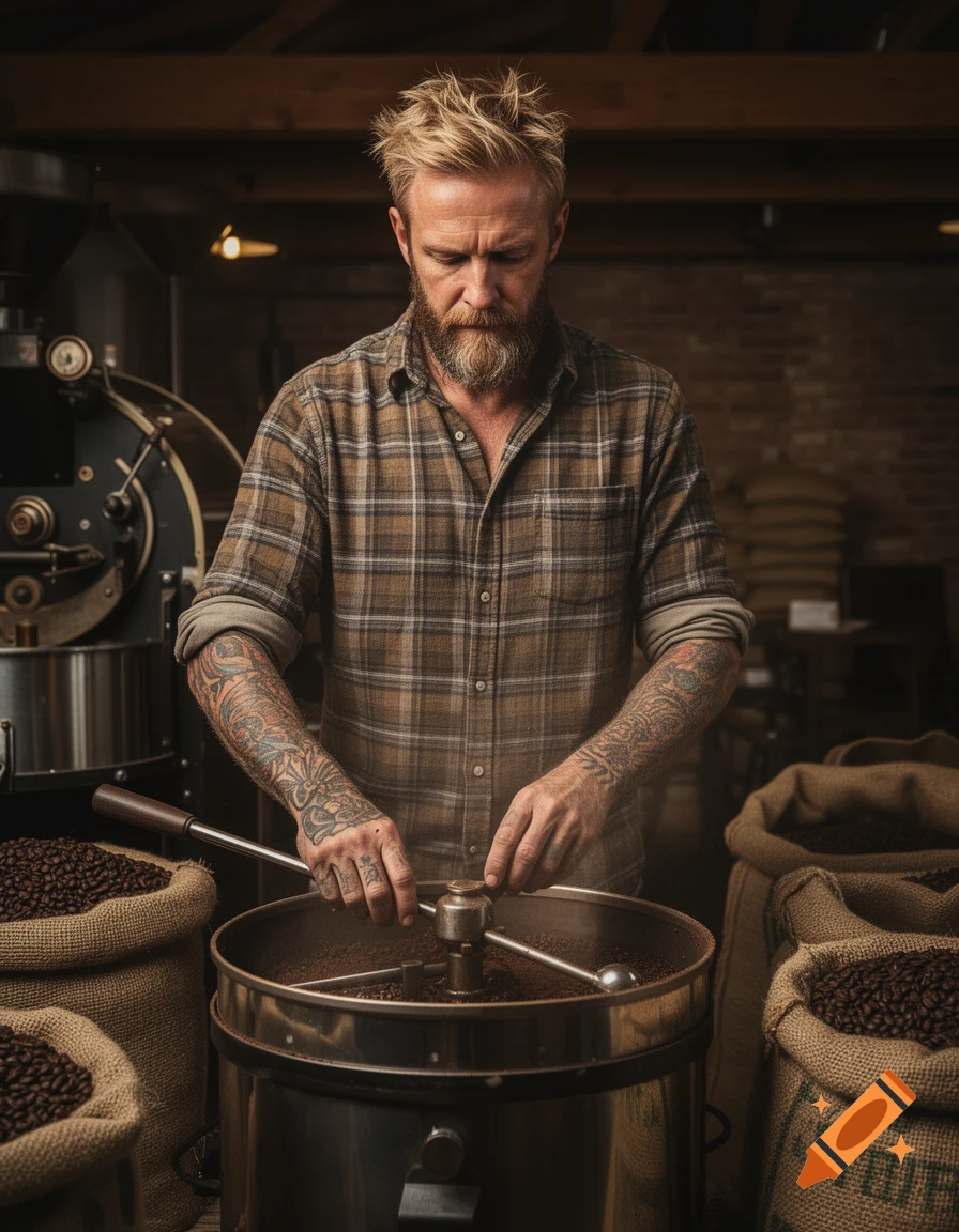 Rugged, tattooed man with a beard and blonde hair operates a coffee roaster, surrounded by burlap sacks of coffee beans.