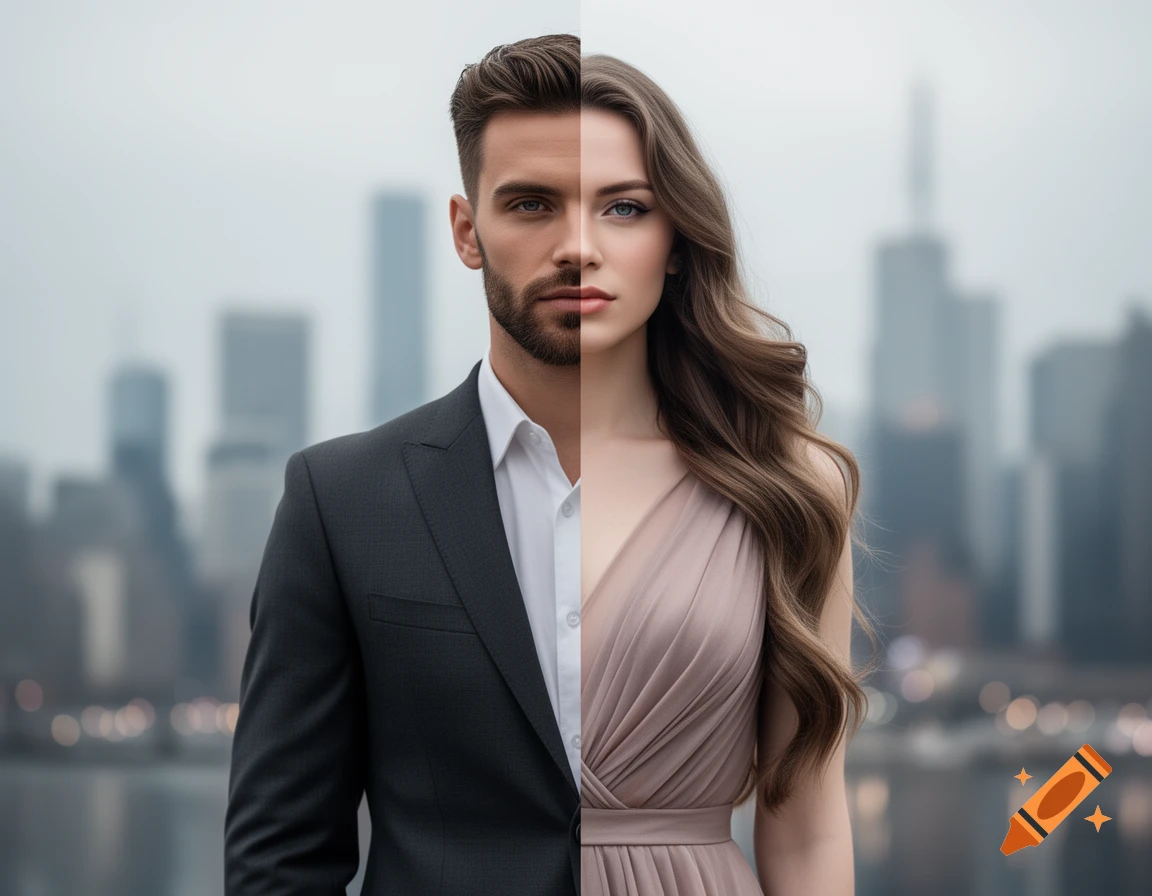 Photorealistic portrait of a person split vertically, half bearded man in a suit, half woman with long hair in a dress, city background.