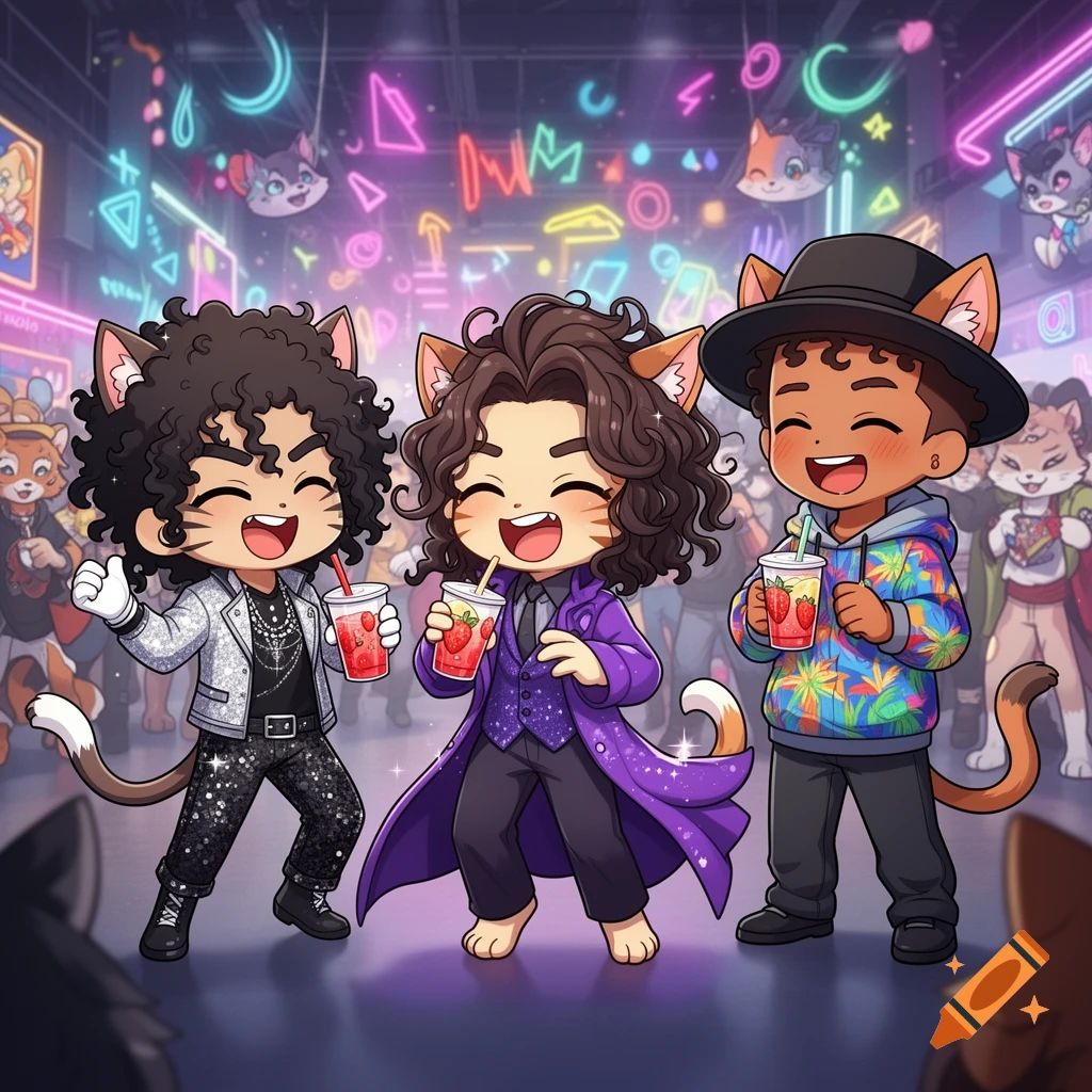 Three chibi cat-boys in a neon-lit club, smiling and holding strawberry drinks.