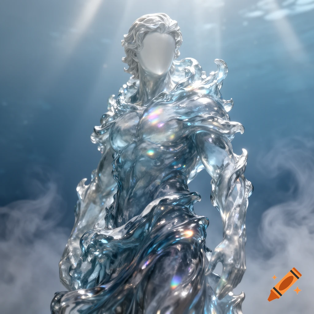 A shimmering, translucent ice or water sculpture of a muscular, faceless humanoid figure against a blue, misty background with light rays.