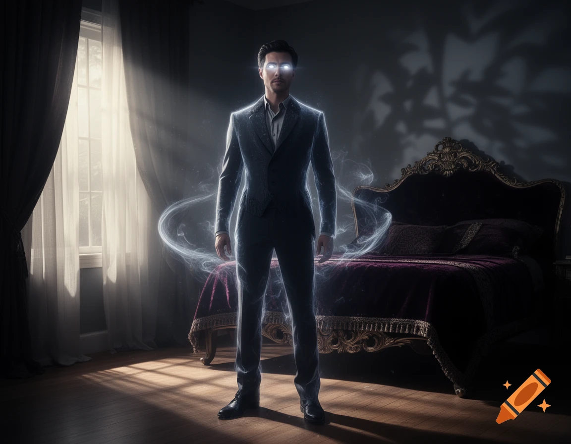 A man with glowing white eyes and a blue aura stands in a dark, ornate bedroom, light from a window illuminating him.