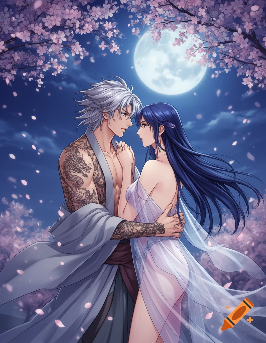 An anime couple embracing under cherry blossoms and a full moon at night.