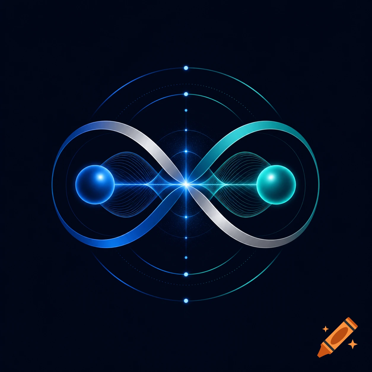 A glowing abstract infinity symbol logo with blue and teal elements, spheres, and radiating lines against a dark background.