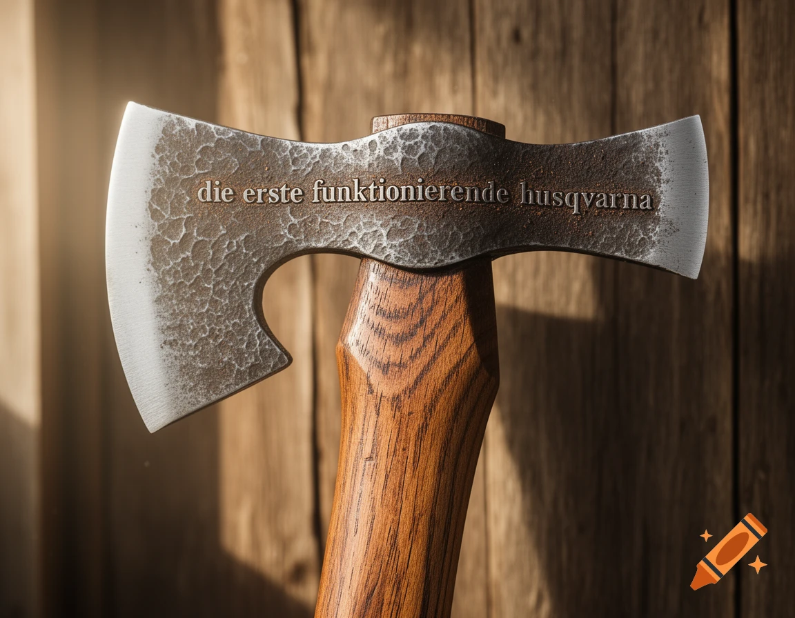 Close-up of a double-bladed axe with a wooden handle, featuring embossed text on the metal head that reads "die erste funktionierende husqvarna" in a photorealistic style.