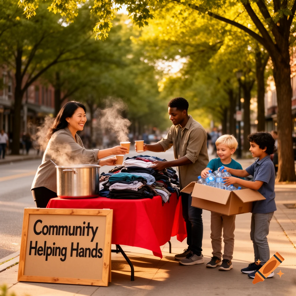 People gather at an outdoor street event to distribute warm drinks, clothes, and water to those in need, featuring a "Community Helping Hands" sign.