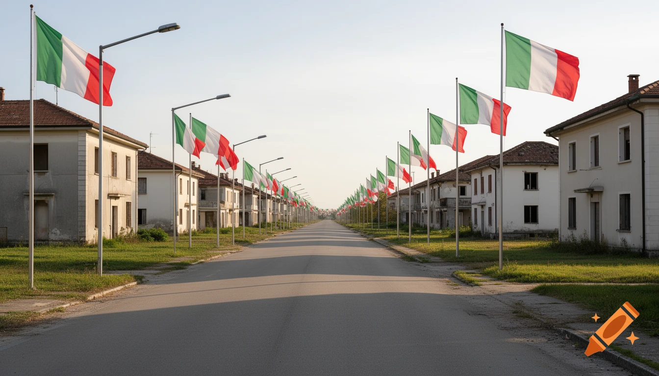 A long, straight street lined with numerous Italian flags on poles and abandoned, two-story houses under a clear sky.