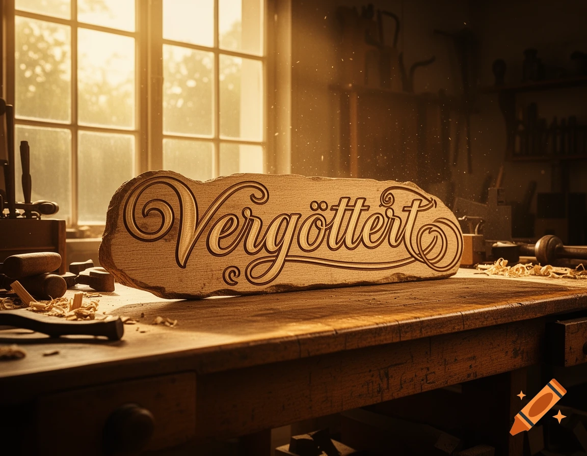 Carved wooden sign with 'Vergöttert' in cursive, on a sunlit woodworking workbench with tools and sawdust.