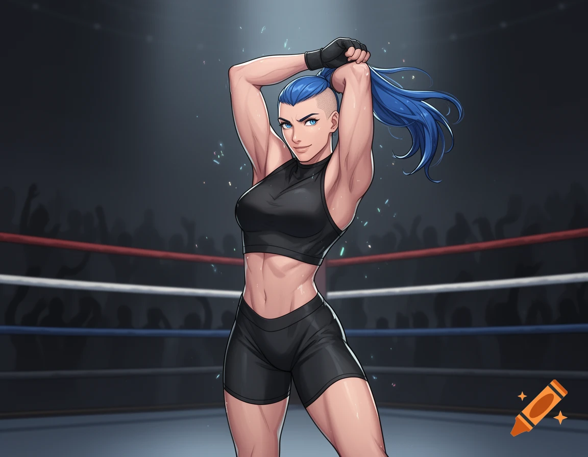 A muscular anime woman with blue hair stretches in a boxing ring, wearing a black sports top and shorts.