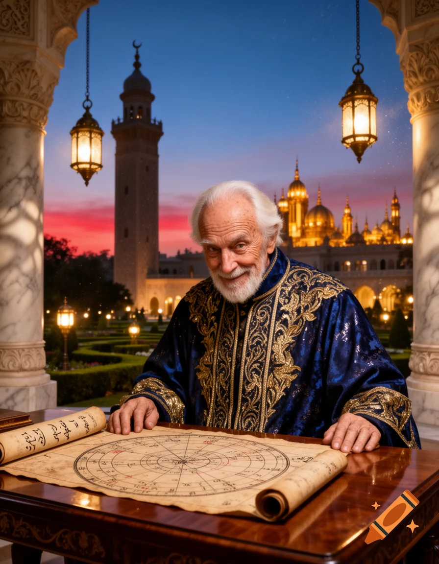 An old, white-bearded man in an ornate blue and gold robe sits at a table with an astrological chart, smiling. An Eastern palace and minaret are visible at sunset in the background.