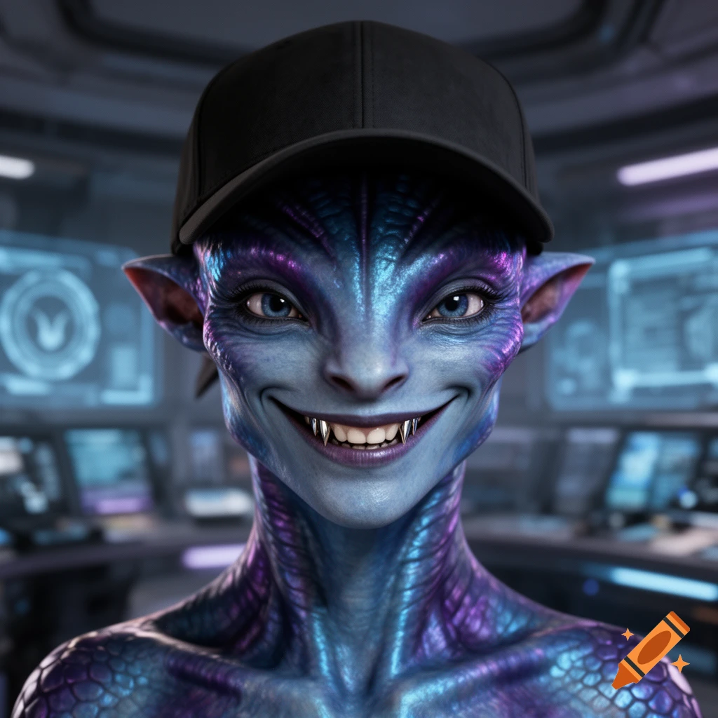 A photorealistic blue and purple alien creature with sharp teeth, wearing a black baseball cap, smirks in a futuristic control room.