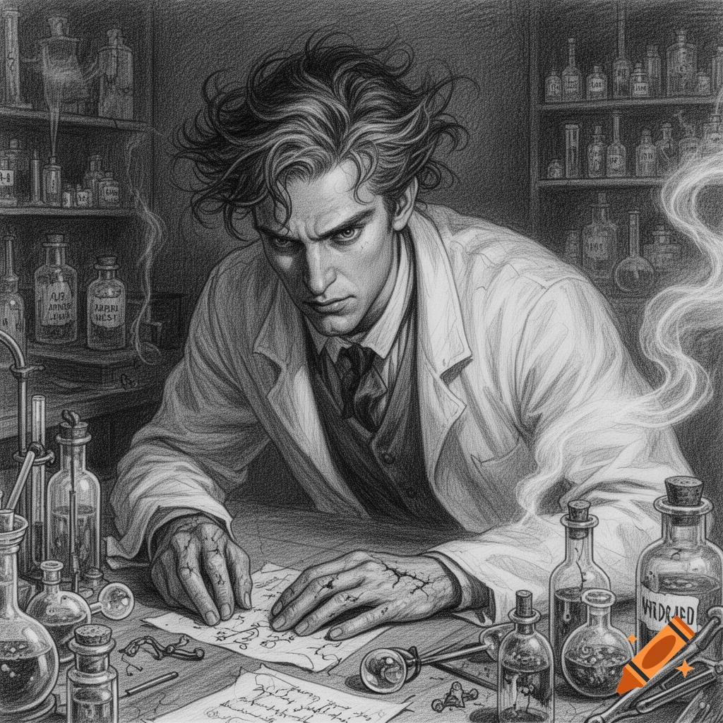 A pencil drawing of an intense, messy-haired scientist in a lab coat, surrounded by beakers and papers in a dark laboratory.
