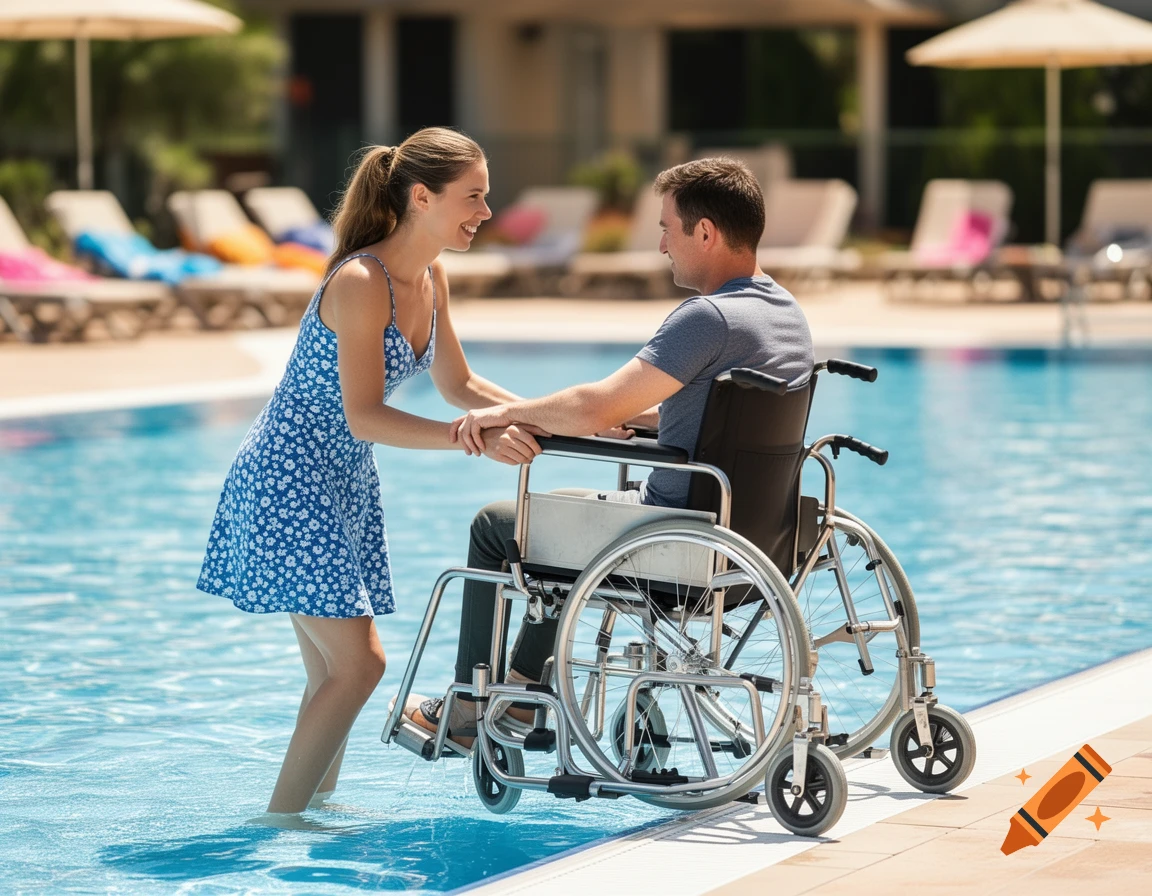 A smiling woman in a blue dress stands in a pool, holding the hands of a man in a wheelchair at the pool's edge. Photorealistic.