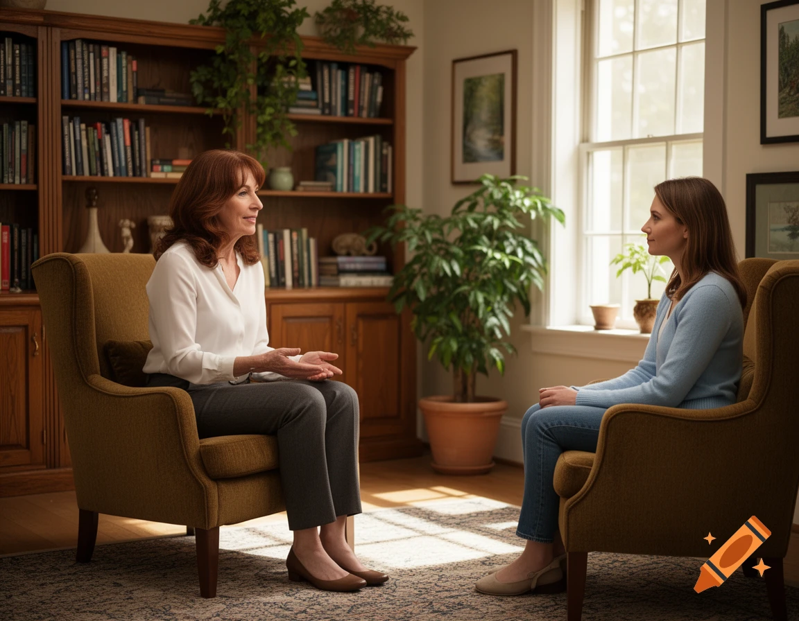 Two women sit in armchairs, facing each other in a warm, wood-paneled office with bookshelves and a large window, engaged in conversation.