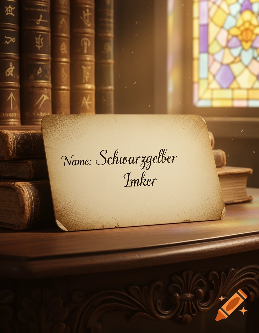 A vintage library card with the text 'Name: Schwarzgelber Imker' on a wooden table, with old books and a stained glass window in the background.