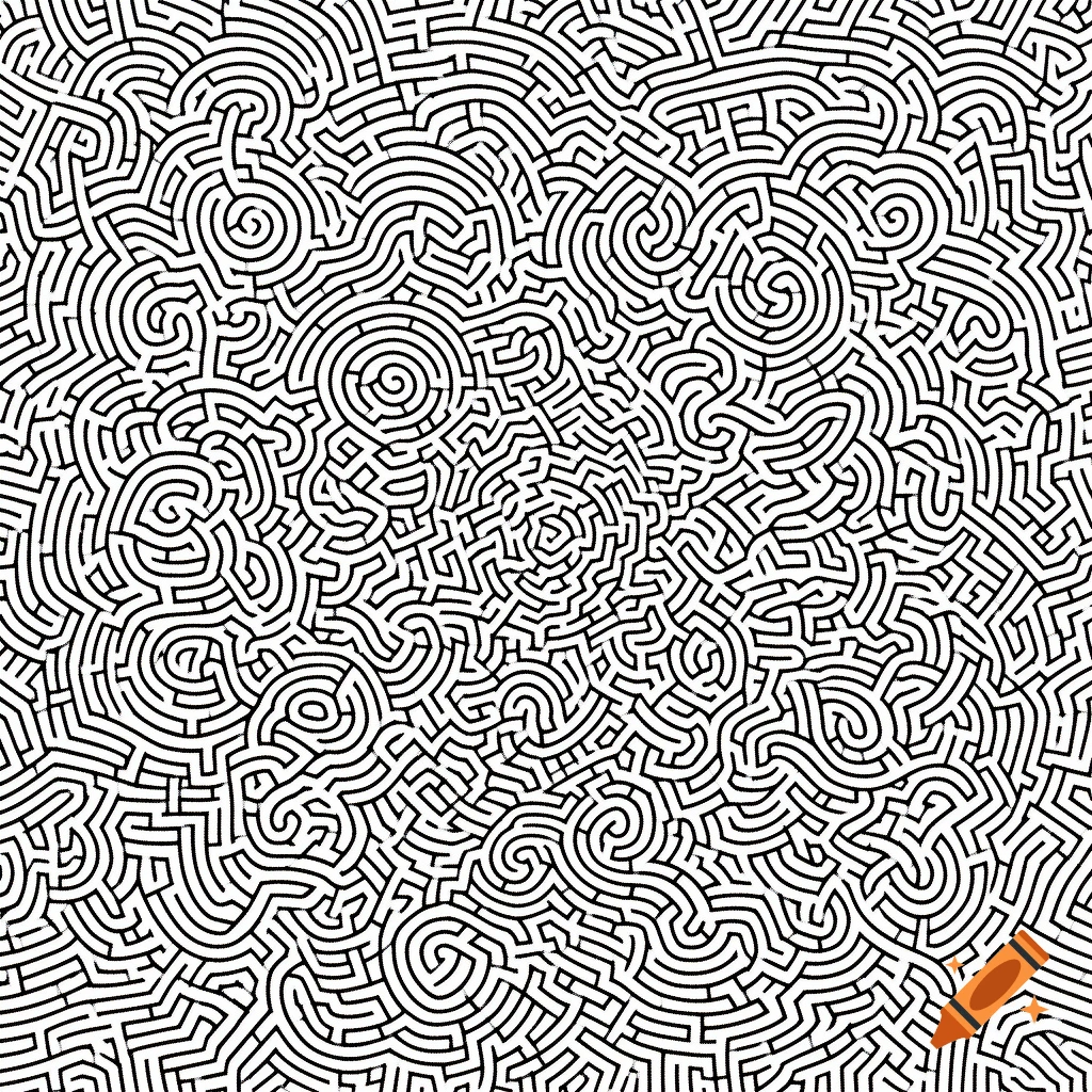 A dense, intricate black and white labyrinth pattern with swirling and angular lines.